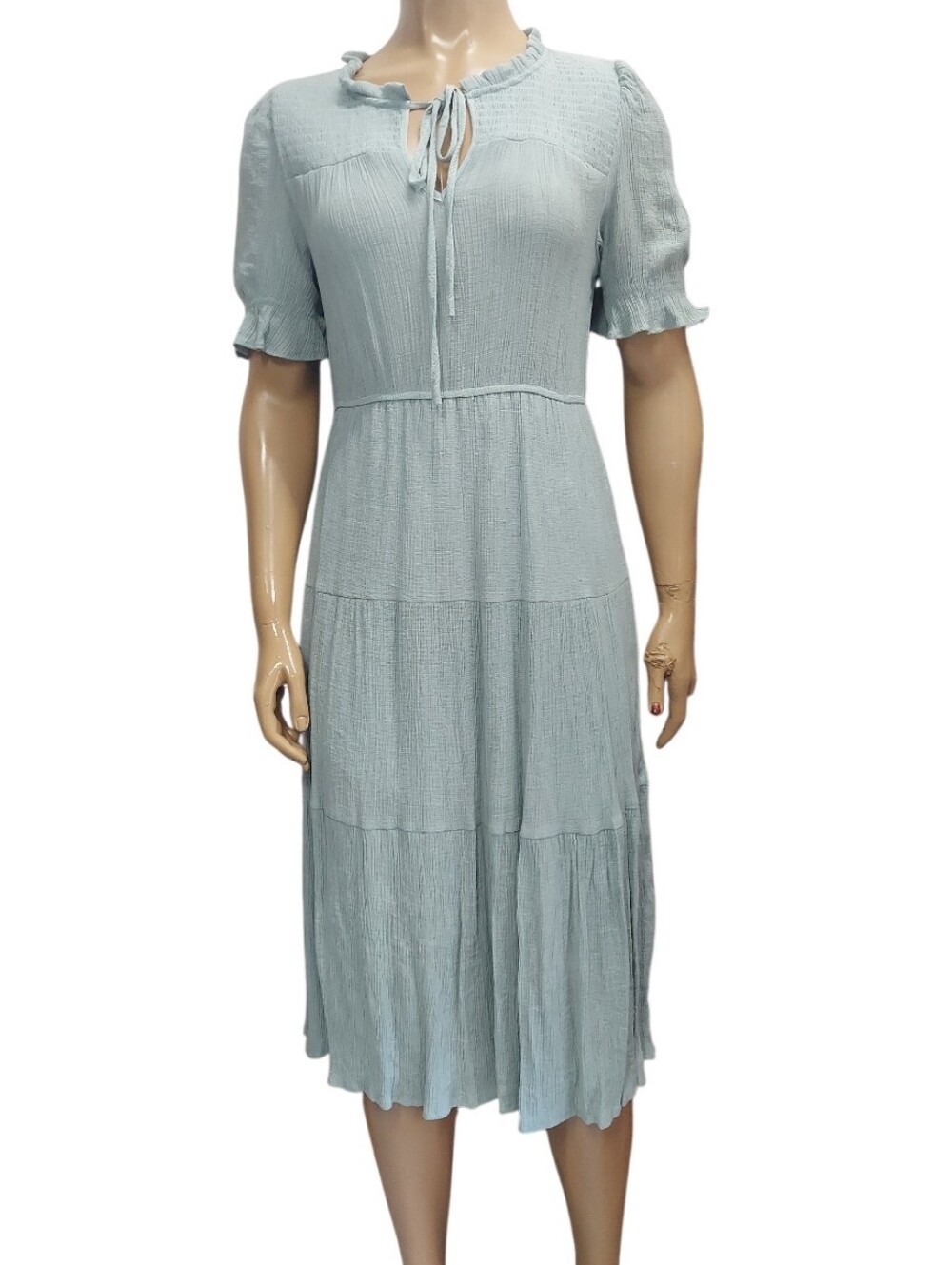 Sweet Wanderer Light Sage Tiered Tie Neck Midi Dress